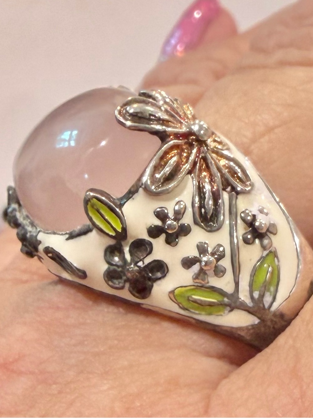 Vintage David Sigal Sterling Silver Rose Quartz Floral Enamel Statement Ring 10